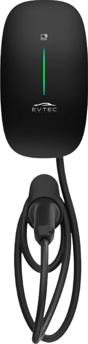 The Evtec Lite charge point with its five-metre tethered cable coiled beneath the unit