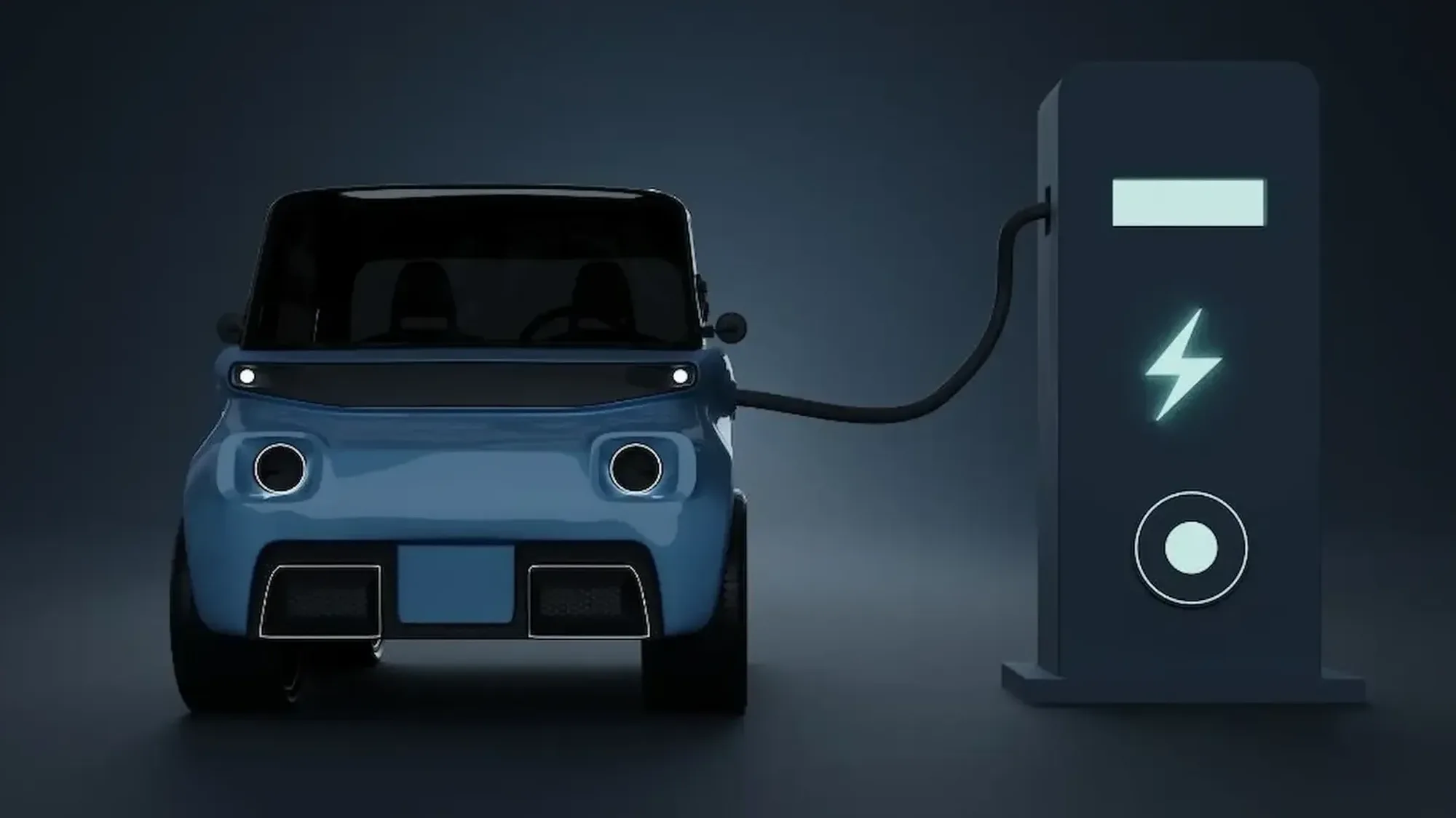 A compact blue electric car connected to a freestanding charge point